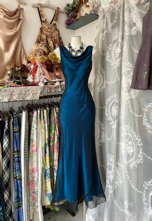 Blue Elegant A-line Long satin Mermaid Retro Evening Dress Birthday Party Dress Ball Gown Prom Dress nv3989