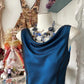Blue Elegant A-line Long satin Mermaid Retro Evening Dress Birthday Party Dress Ball Gown Prom Dress nv3989
