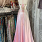 Pink A-line Gradient Satin Beaded Long satin Vintage Slit Evening Dress Birthday Party Dress Ball Gown Prom Dress nv3988