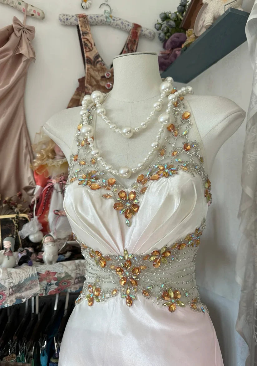 Pink A-line Gradient Satin Beaded Long satin Vintage Slit Evening Dress Birthday Party Dress Ball Gown Prom Dress nv3988