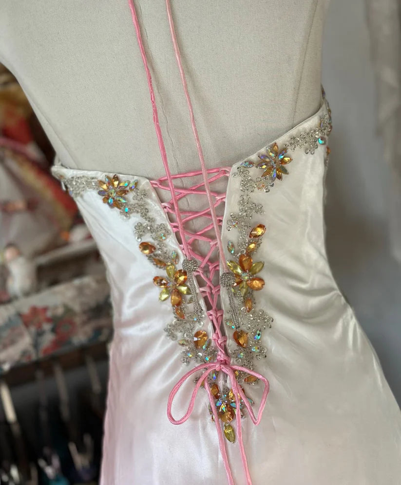 Pink A-line Gradient Satin Beaded Long satin Vintage Slit Evening Dress Birthday Party Dress Ball Gown Prom Dress nv3988