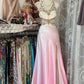 Pink A-line Gradient Satin Beaded Long satin Vintage Slit Evening Dress Birthday Party Dress Ball Gown Prom Dress nv3988