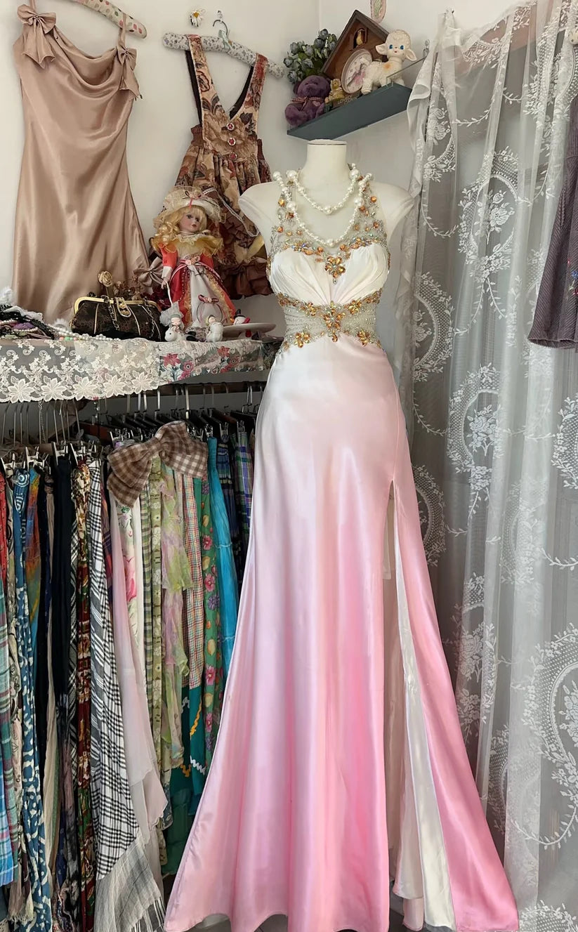 Pink A-line Gradient Satin Beaded Long satin Vintage Slit Evening Dress Birthday Party Dress Ball Gown Prom Dress nv3988