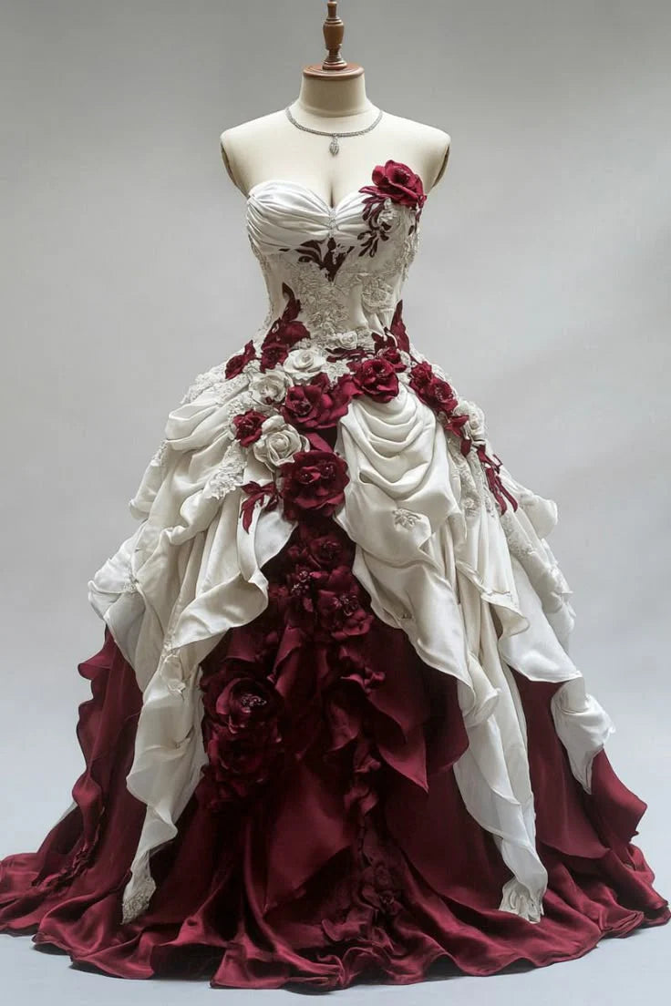 Robe de bal bustier rouge et blanche à roses, style mariée de luxe - Robe de mariage et de dîner romantique NV6394