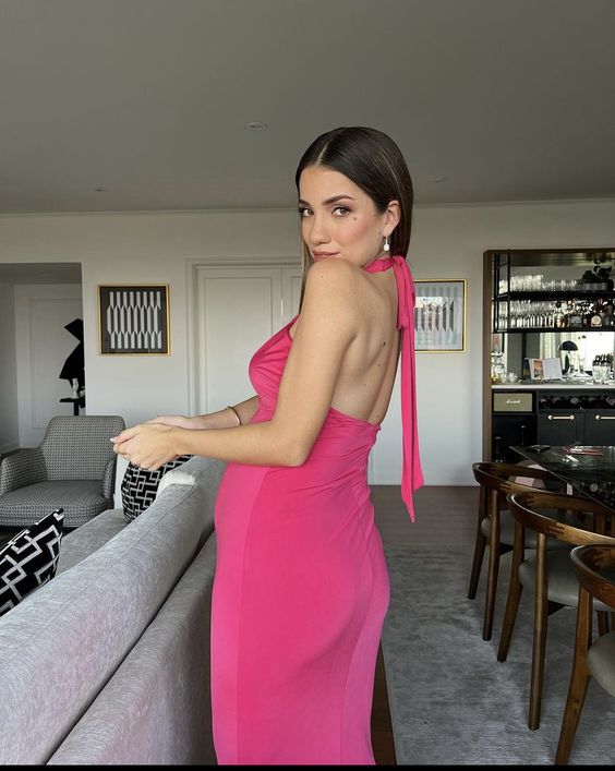 Robe de soirée longue sirène élégante coupe slim rose vif Quoan Dress nv2241