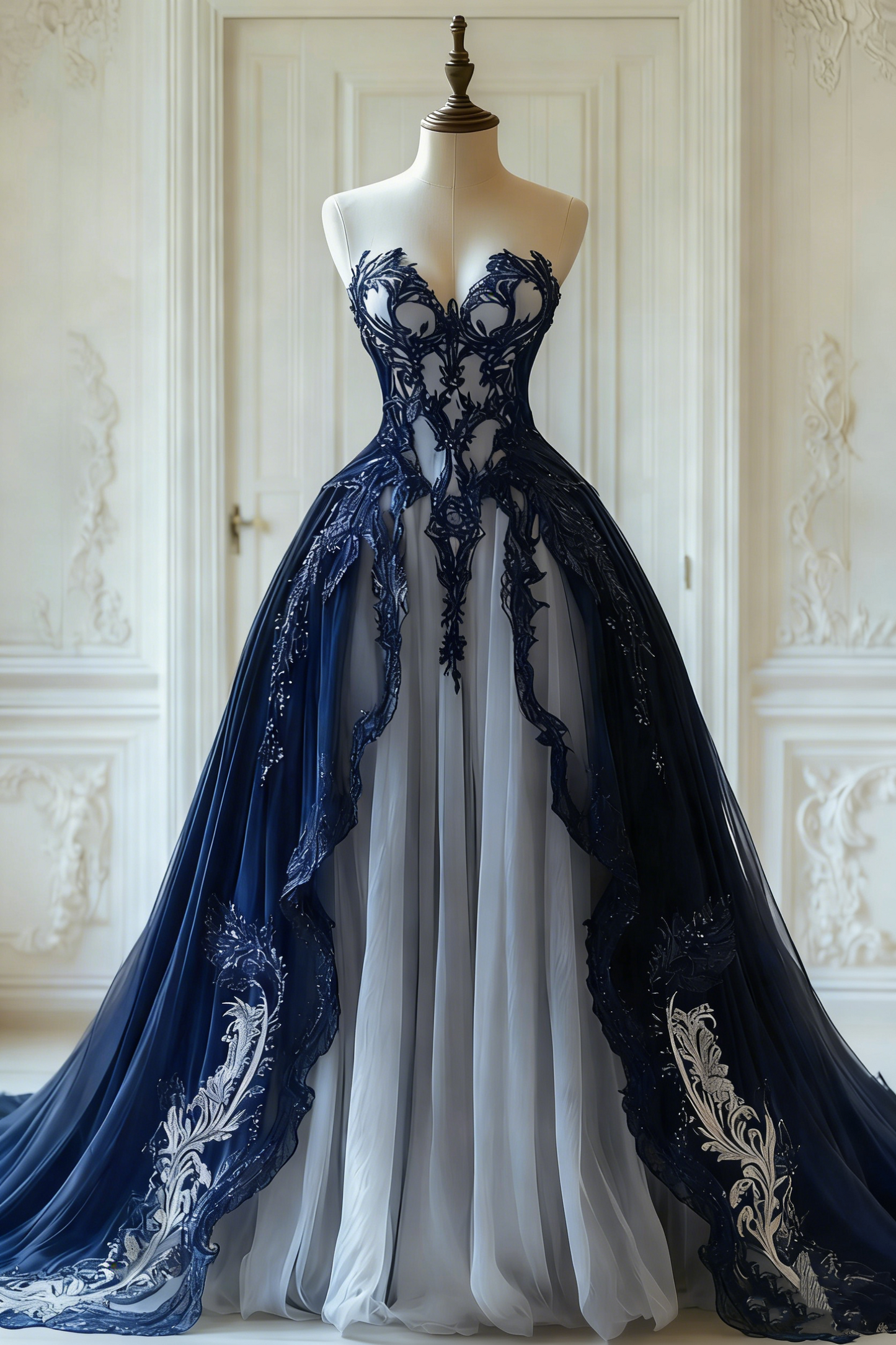 NiceVestidos-Black and White Lace Tulle Paneled Butterfly Sleeve Floor-Length Gothic Gown NV6172