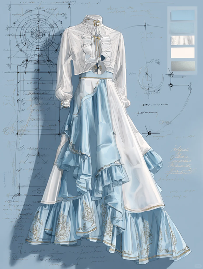 Vintage Asymmetric Tiered Ruffle Two Piece Maxi Gown with Gold Embroidery  NV7394