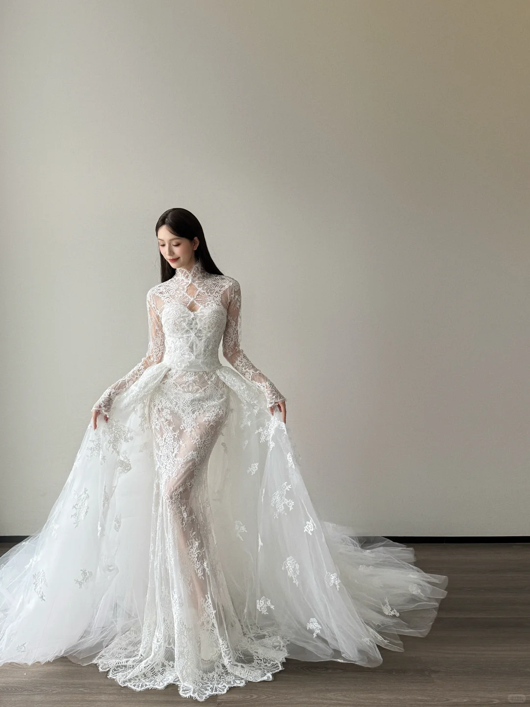 High Neck Long Sleeve Lace Mermaid Wedding Dress Detachable Overskirt Bridal Gown  NV7127