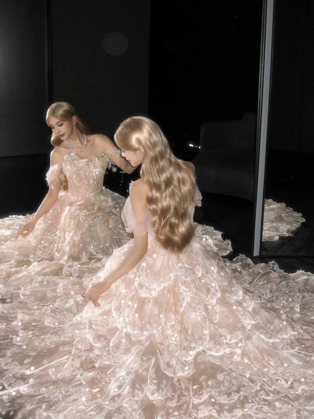 Off Shoulder Light Pink Ball Gown Prom Dress, Tiered Scalloped Tulle Beaded Evening Gown  NV7108