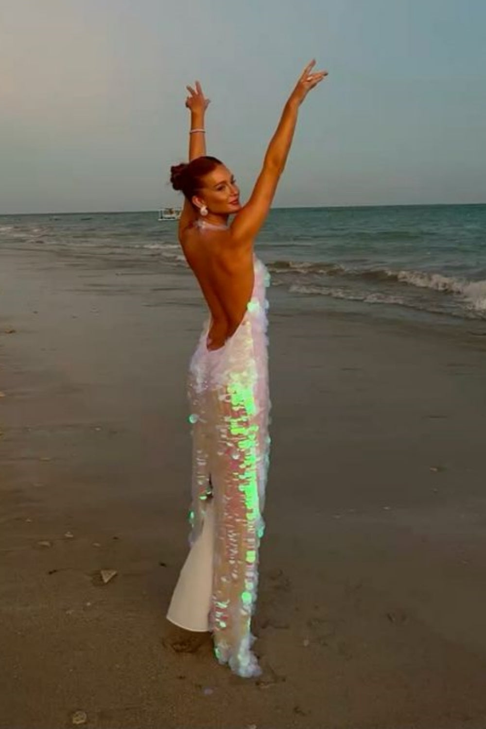 Rosa glänzende Pailletten Neckholder langes Ballkleid Geburtstagspartykleid nv5291