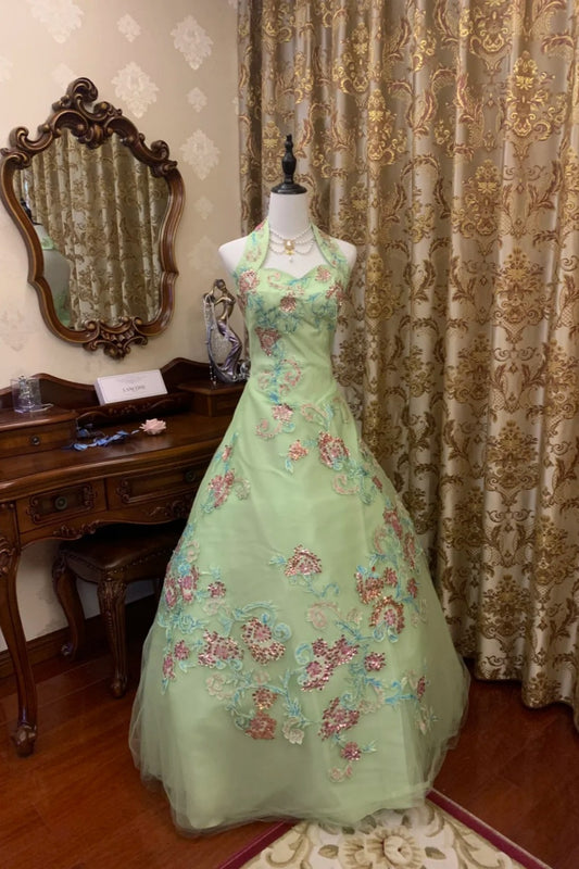 Mint Green Tulle Gown: Halter Neck, 3D Floral Embroidery, Princess Style NV6396