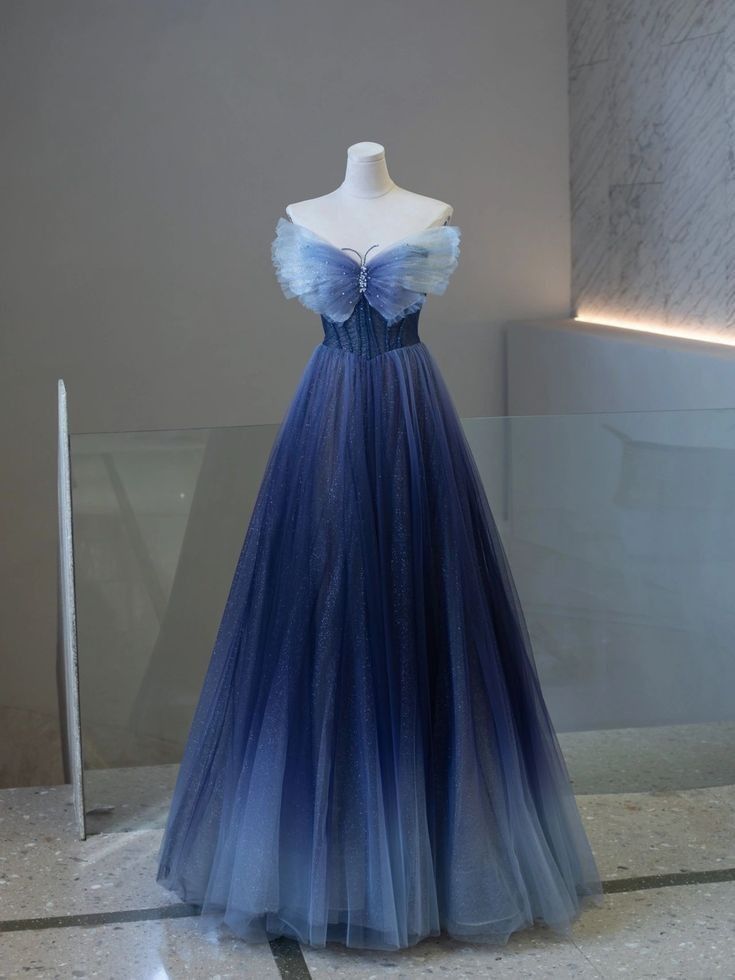 Robe de soirée élégante en tulle bleu marine, magnifique, dégradé de mode, exquise, perlée, papillon, ligne A, paillettes, longue, longueur au sol, robe de bal, nv3818