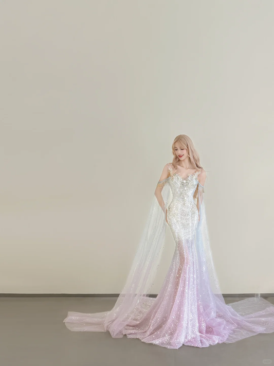 Ombre Pink Blue Sparkle Mermaid Prom Gown Off Shoulder Beaded Tulle Cape  NV7175