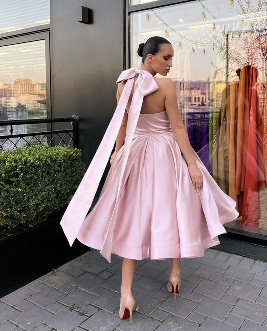 Pink Solid Sleeveless Backless Satin Bow Sweetheart Elegant A-Line Midi Ankle Length Evening Dress Wedding Guest Dress Homecoming Dress nv2512