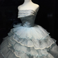Light Ice Blue Sparkly Tulle Long Evening Gown Strapless Tiered Puffy Ball Gown Prom Dress  NV7069