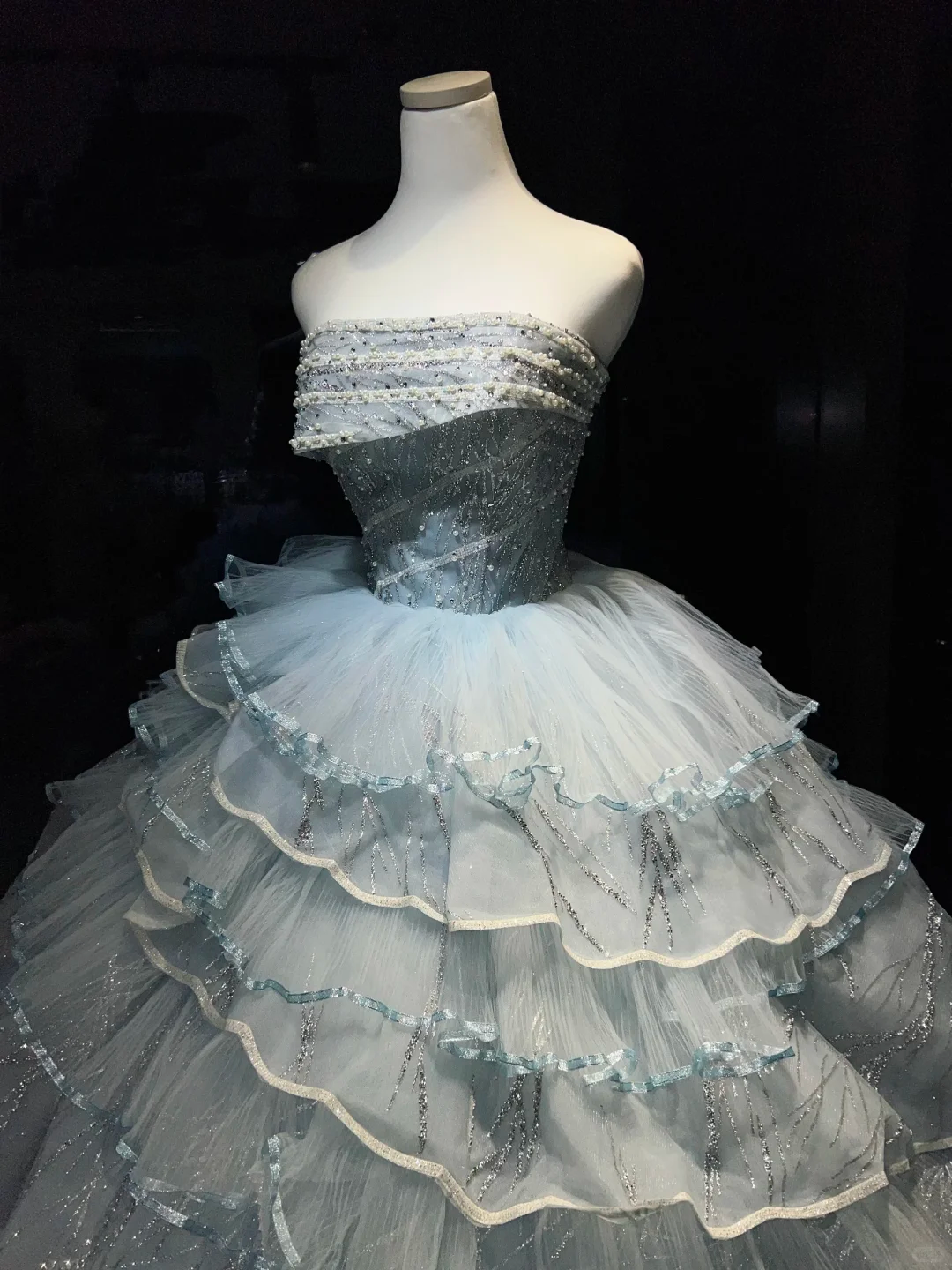 Light Ice Blue Sparkly Tulle Long Evening Gown Strapless Tiered Puffy Ball Gown Prom Dress  NV7069