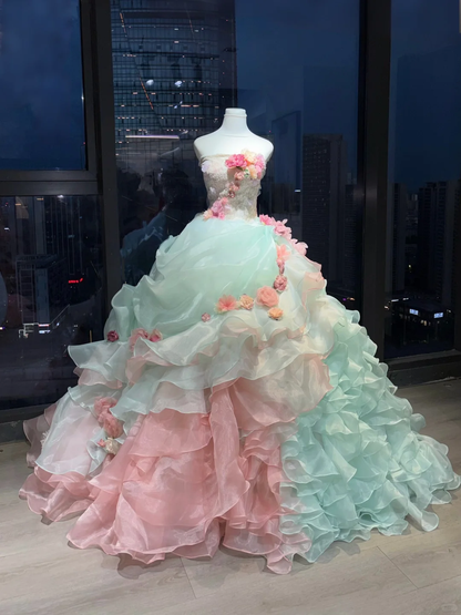 Mint Green Pink Ombre Strapless Princess Ball Gown Lace 3D Flowers Tiered Ruffle Organza Long Evening Gown  NV7008