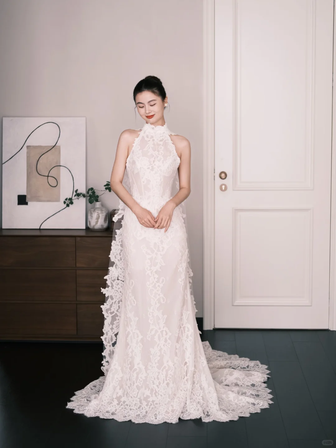 White Halter High Neck Lace Mermaid Wedding Dress  NV7229