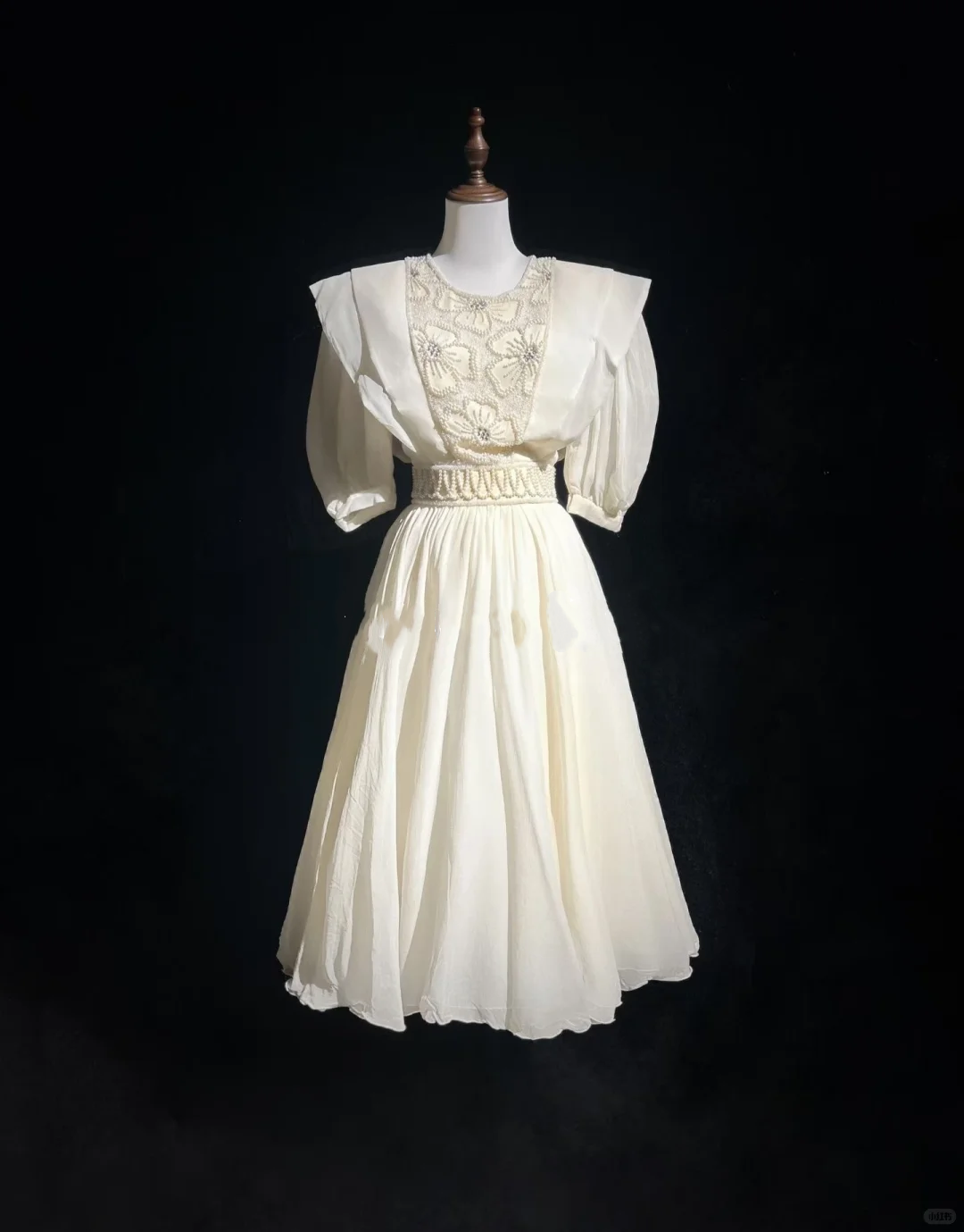 Cream White Vintage Tea Length Prom Dress Round Neck Puff Sleeve Floral Beaded Chiffon A-Line Formal Gown  NV6904