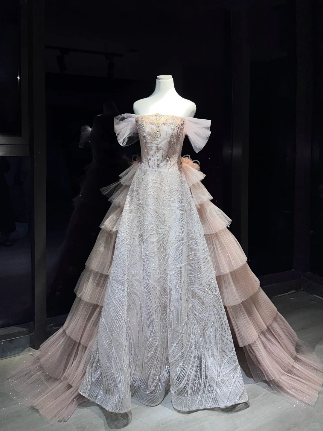 Blush Ombre Sequin Tulle Long Evening Gown Off The Shoulder Tiered Ruffle Ball Gown Prom Dress  NV7074