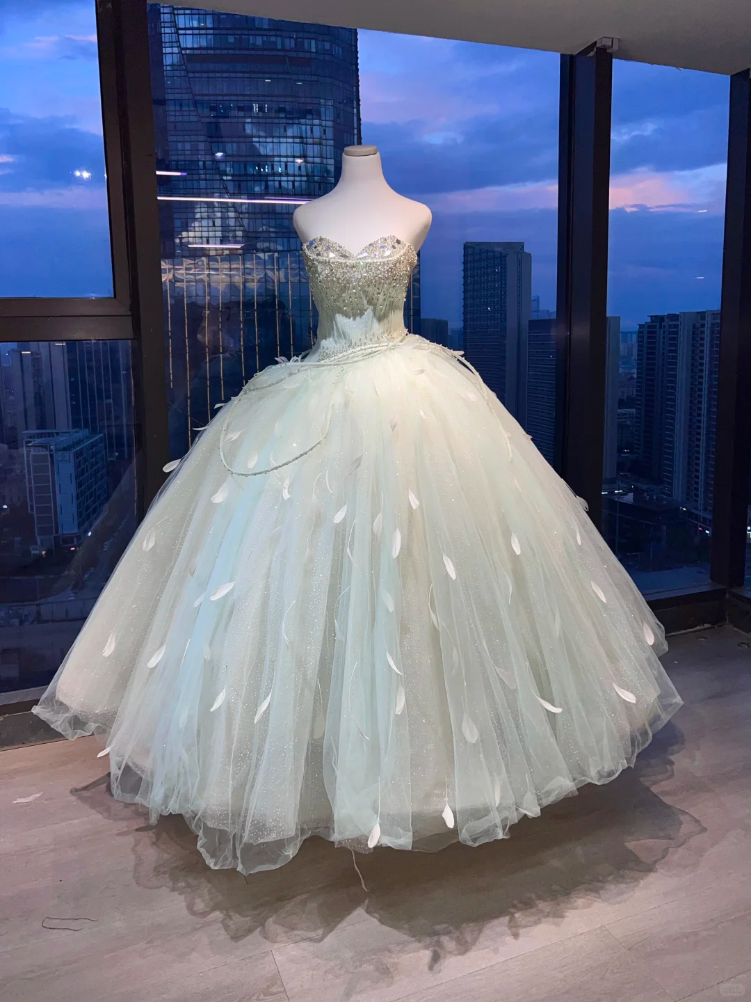 Strapless Light Mint Green Fairy Ball Gown Rhinestone Beaded Sparkle Tulle Feather Long Prom Dress  NV7028