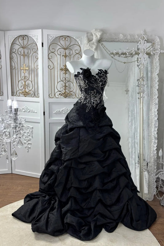 Luxuriöses, perlenbesetztes, trägerloses Abendkleid mit Schleppe – Dunkelbraunes 3D-Rosenmuster NV6843