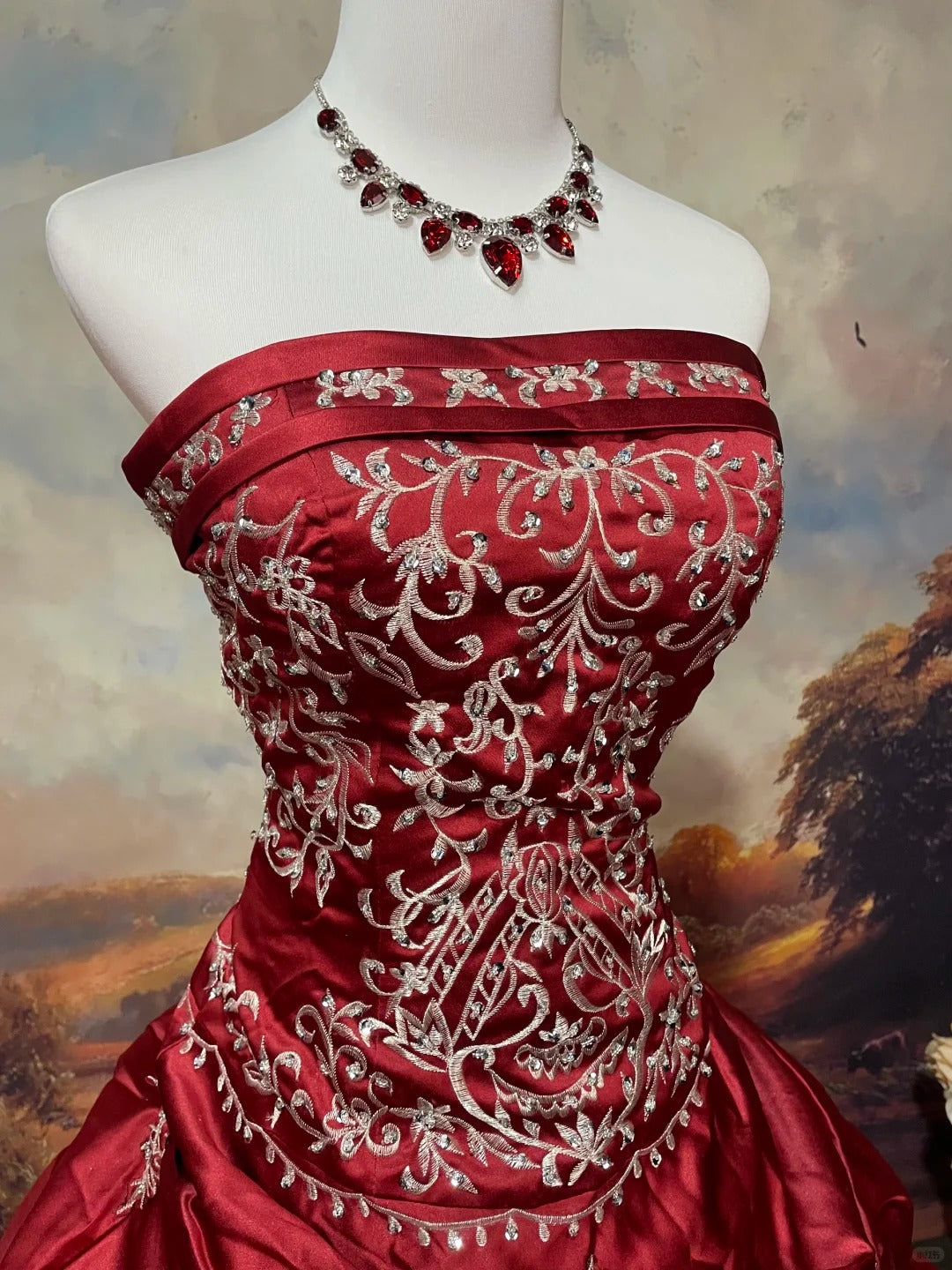 Red exquisite silver beaded satin floor-length vintage long ball gown nv5155