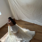 Off White Strapless Satin Mermaid Wedding Gown Detachable Tulle Flare Sleeves  NV7186