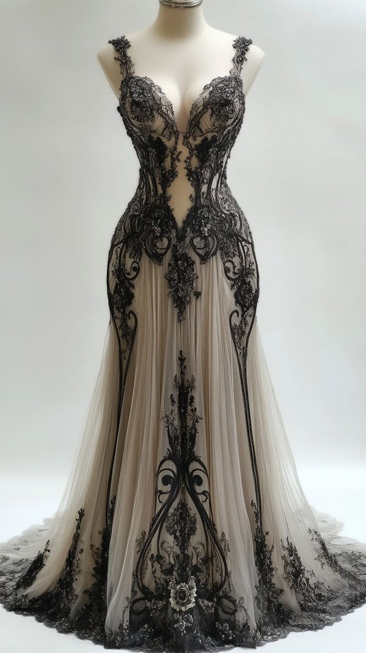 NiceVestidos-Black-Grey Contrast Tulle Spaghetti-Strap 3D Lace-Embellished Floor-Length Mermaid Gown NV6208