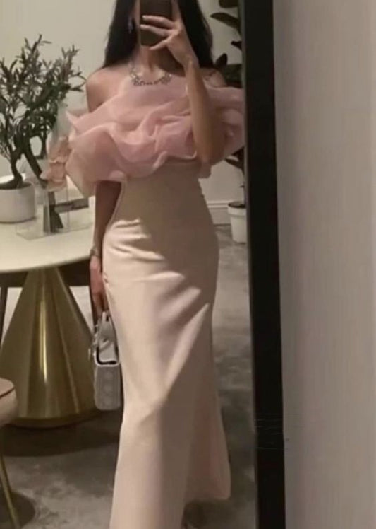 Robe de soirée longue en satin blanc et tulle rose, asymétrique épaule dénudée, simple et élégante, robe de bal, robe de soirée nv2278
