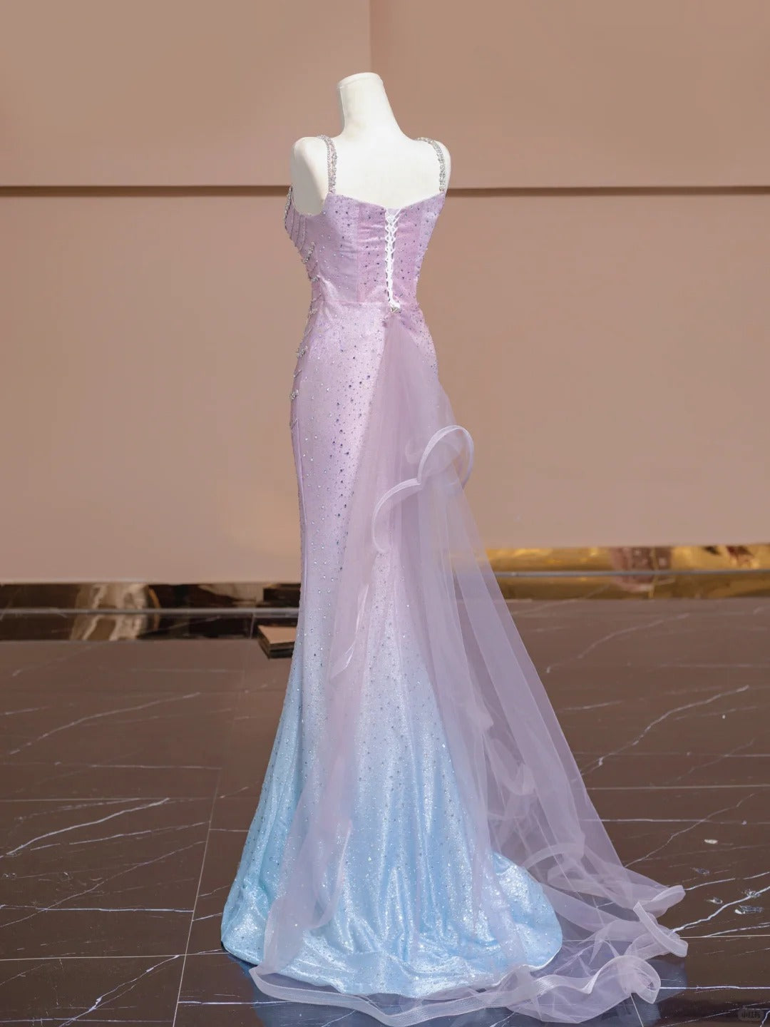 Blue Pink Glitter Beaded Ombre Long Tulle Mermaid Bodycon Floor Length Ball Gown Evening Gown Party Dress nv5054