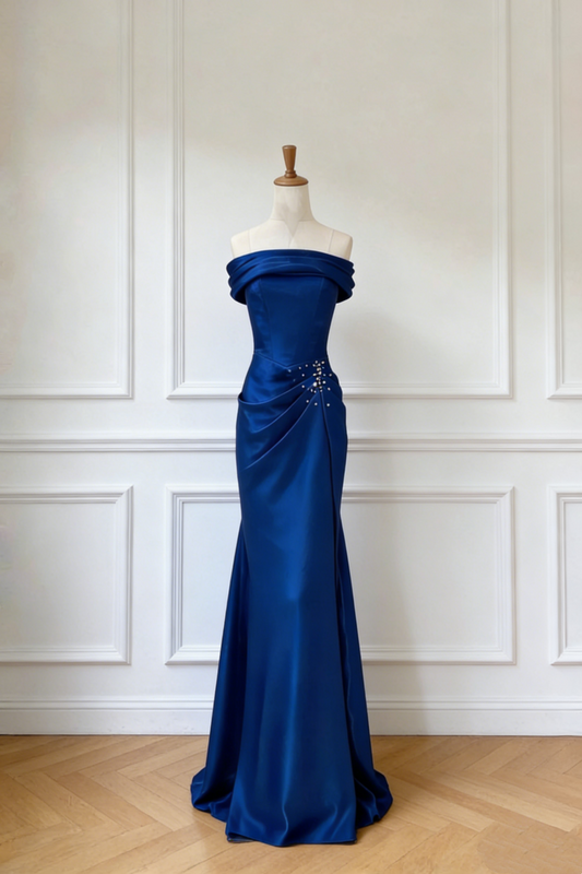 Deep Sea Blue Off-Shoulder Gown - Cowl Neck Beaded Knot Train Evening/Red Carpet/Theme Ball Maxi Dress NV6824