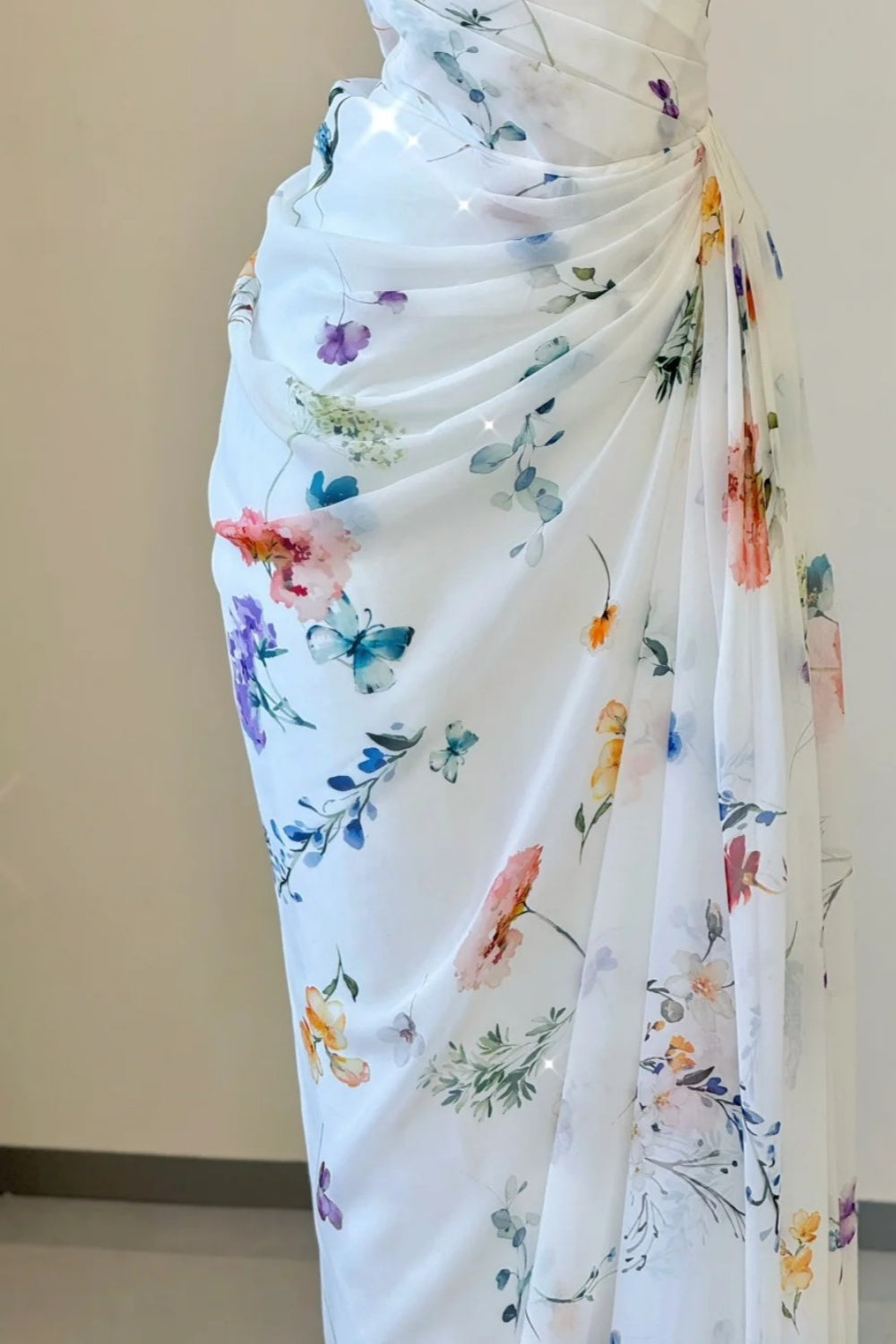 NiceVestidos--Fresh Art Style：Floral Chiffon Waist - Cinched Sleeveless Floor - Length Creative Evening Dress NV5811