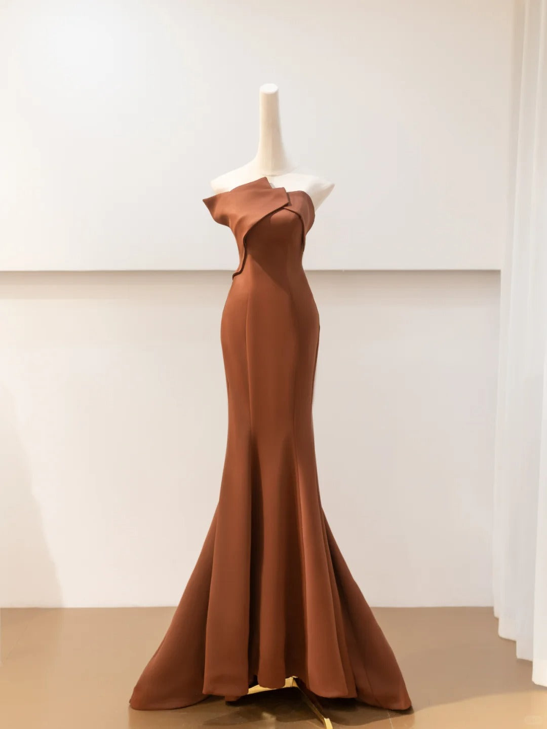 Brown Satin Elegant Long Mermaid Tulle Prom Dress Evening Dress Party Dress nv4752