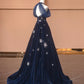 Blue Exquisite Star Beaded Long Velvet Prom Dress Ball Gown Evening Gown Party Gown nv4732