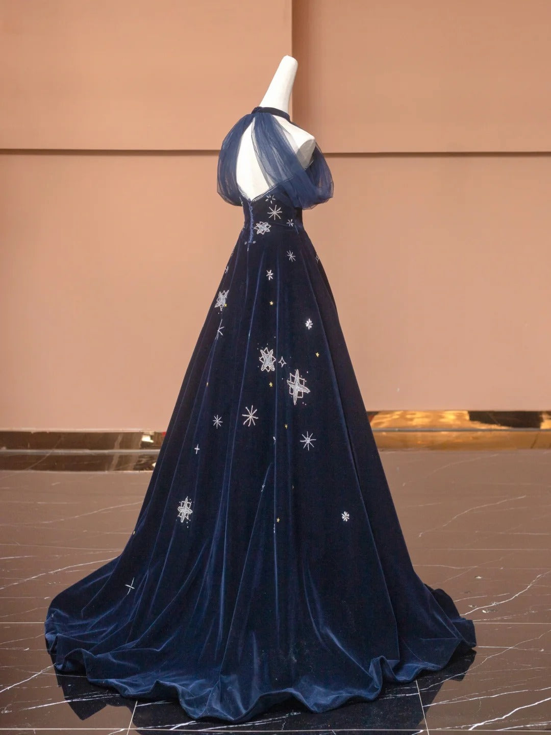 Blue Exquisite Star Beaded Long Velvet Prom Dress Ball Gown Evening Gown Party Gown nv4732