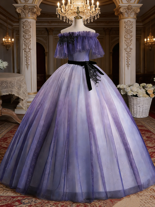 Lila-weißes schulterfreies Ballkleid mit Farbverlauf – Prinzessinnen-Stil, ideal für Hochzeiten und besondere Anlässe (NV6793)