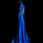 Blue Gorgeous Retro Elegant Exquisite Beaded Backless Long Floor Length Trail Satin Ball Gown Evening Gown Party Dress Prom Gown nv3964
