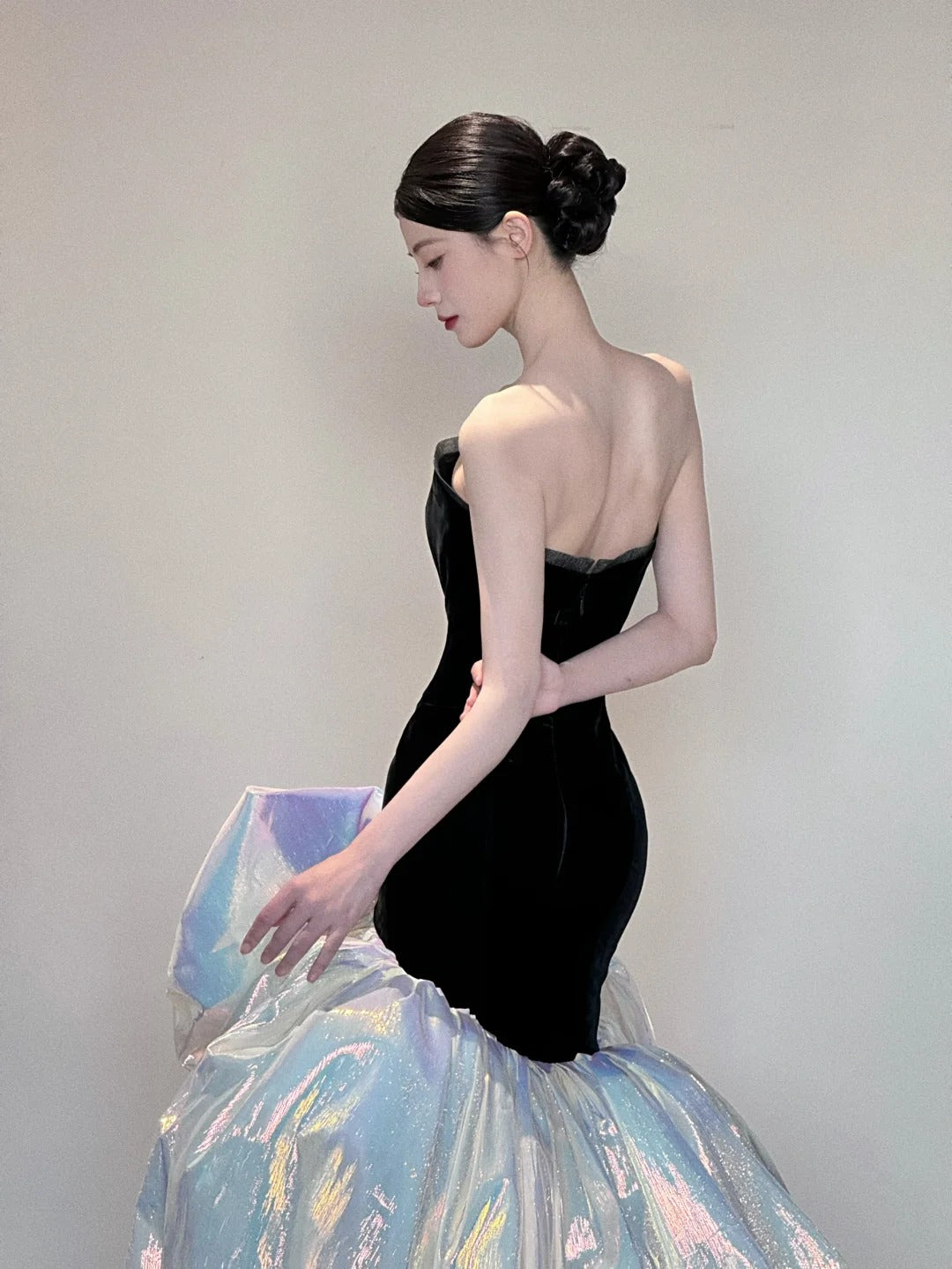 Black shiny gorgeous elegant satin long mermaid floor length ball gown evening dress nv4055