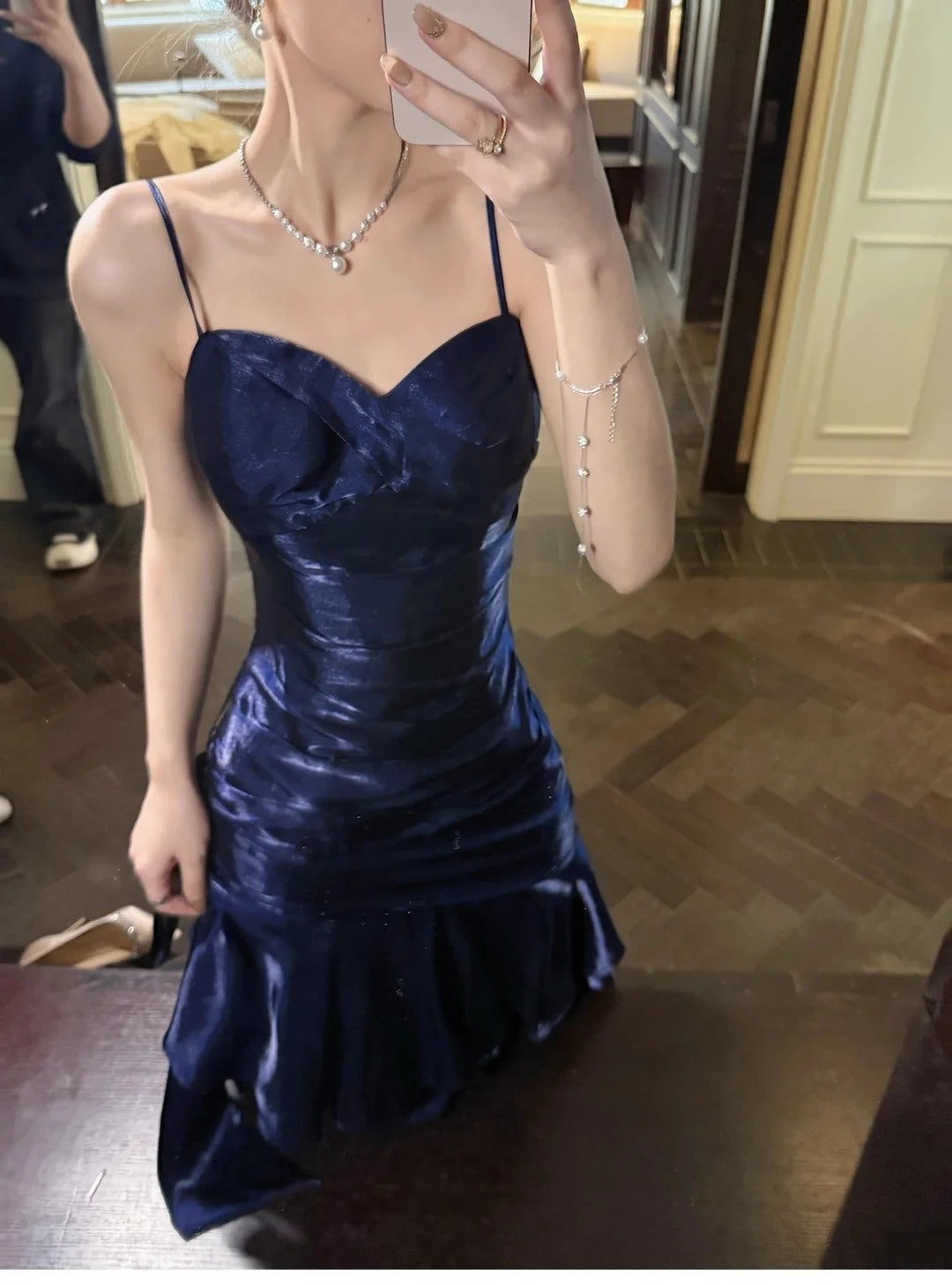 Robe de soirée sirène bleue à volants, tenue de soirée légère et luxueuse, idéale pour les petites personnes, nv4543