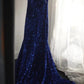 Royal blue vintage elegant pleated long sequin velvet beaded mermaid fishtail slim floor-length tail ball gown evening dress party dress wedding dress nv4123