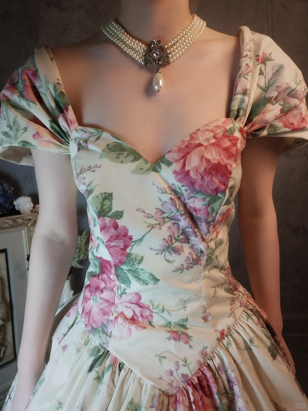 Charming pink vintage floral long satin prom dress nv5435