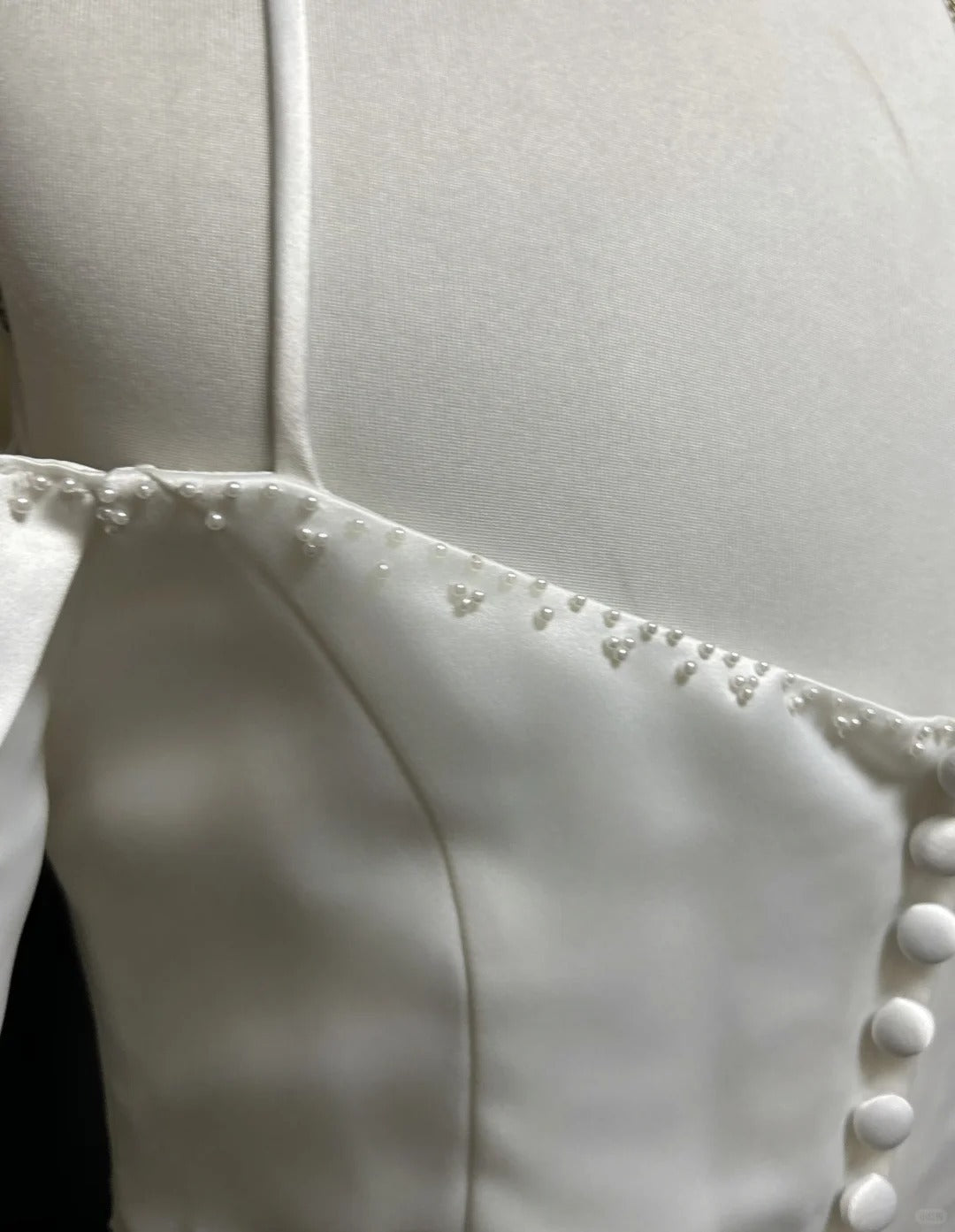 Weißes, zartes Perlen-Elegantes langes Satin-Ballkleid, Abendkleid nv4927