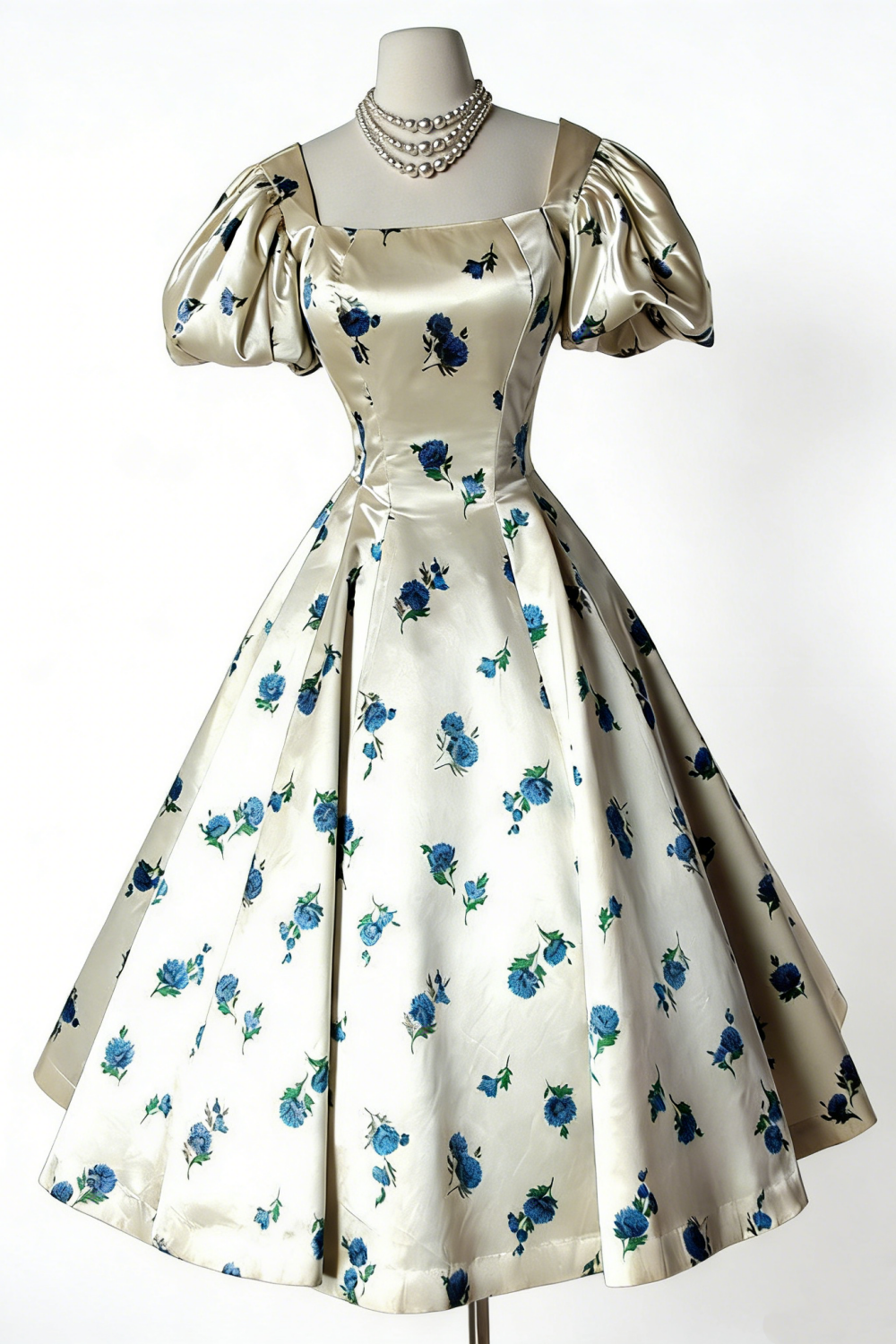 Satin Blue Floral Puff Sleeve Gown - Square Neck Corset Full Skirt Retro Party/Date/Light Evening Midi Dress NV6804