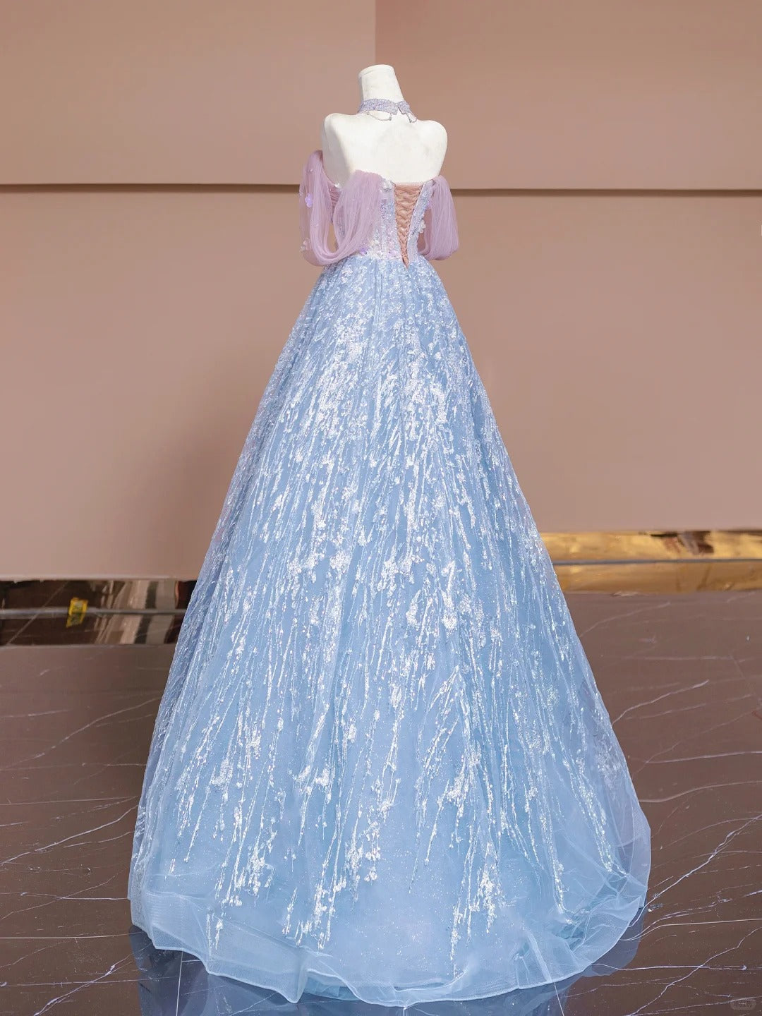 Pink Blue Beaded Long Tulle Floor Length Ball Gown Evening Dress nv5052