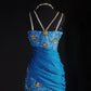 Robe de soirée vintage en satin et dentelle, bleu fantaisie, exquise, avec perles florales, nv5211