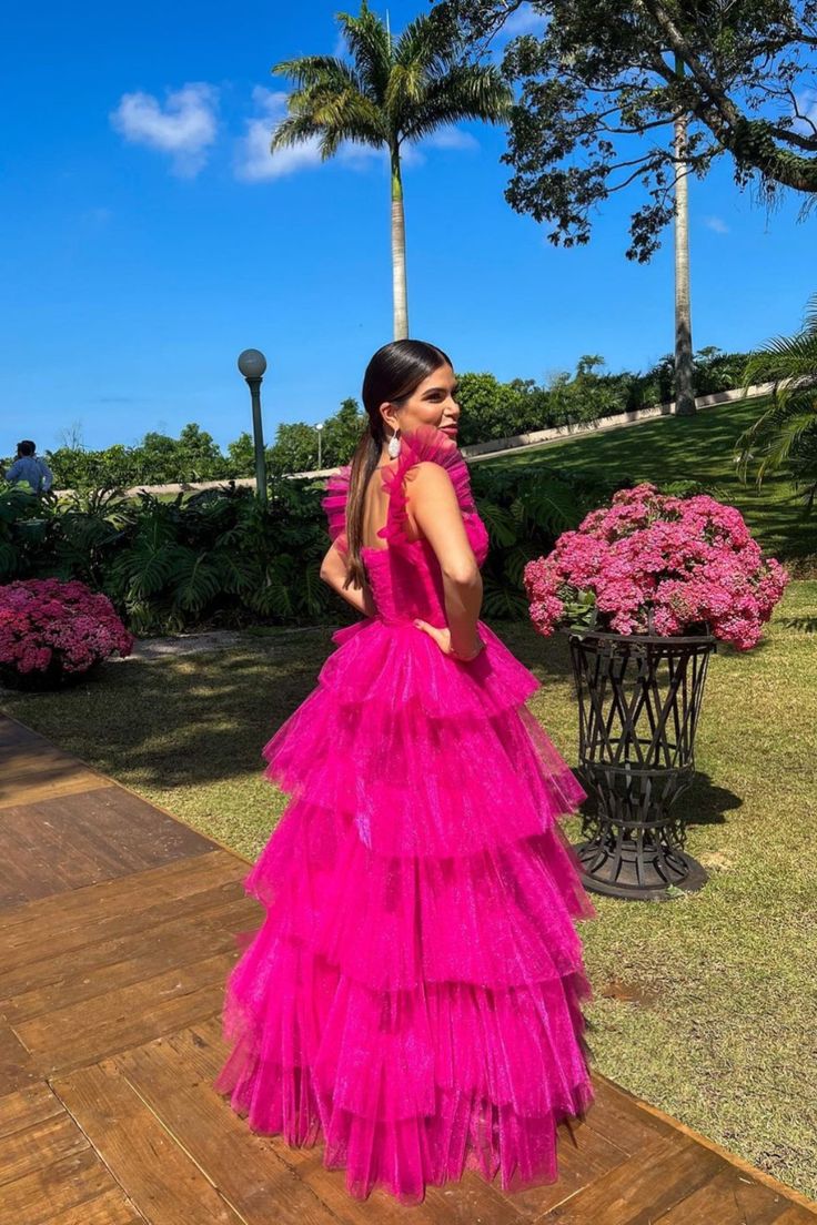 Pink Pitaya Farbiges Tüll-Maxikleid mit mehreren Lagen, langes Ballkleid, Abendkleid, nv2733