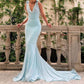 Hellblaues, schlichtes und elegantes, fließendes Kleid mit V-Ausschnitt, tiefem Ausschnitt und vielen Bändern, um Eindruck zu machen, Ballkleid, Abendkleid, Hochzeitskleid für Gäste, Partykleid nv2576