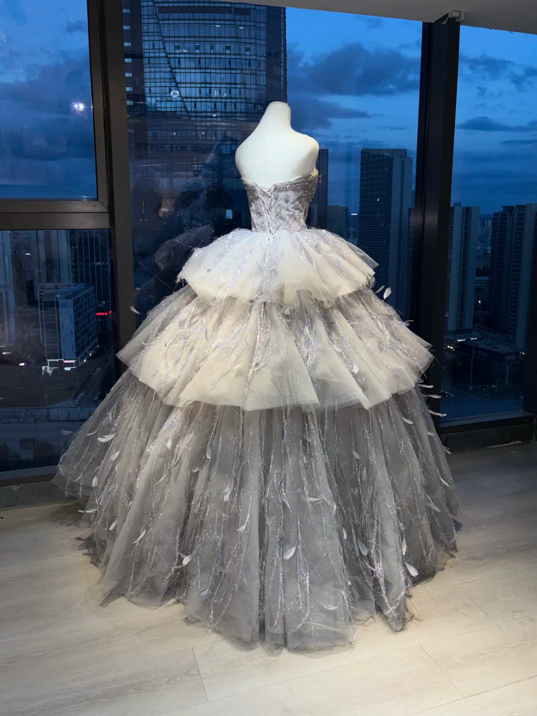 Silver Gray Strapless Princess Ball Gown Heavy Rhinestone Beading Tiered Glitter Tulle Feather Long Evening Gown  NV7005