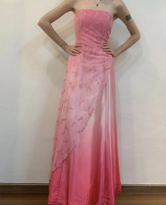 NiceVestidos--Pink Gradient Exquisite Floral Beading Fashion Long Tulle Prom Dress Graduation Dress Nv5577